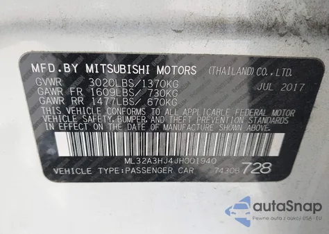 2018 Mitsubishi Mirage Es from USA, damaged, VIN ML32A3HJ4JH001940